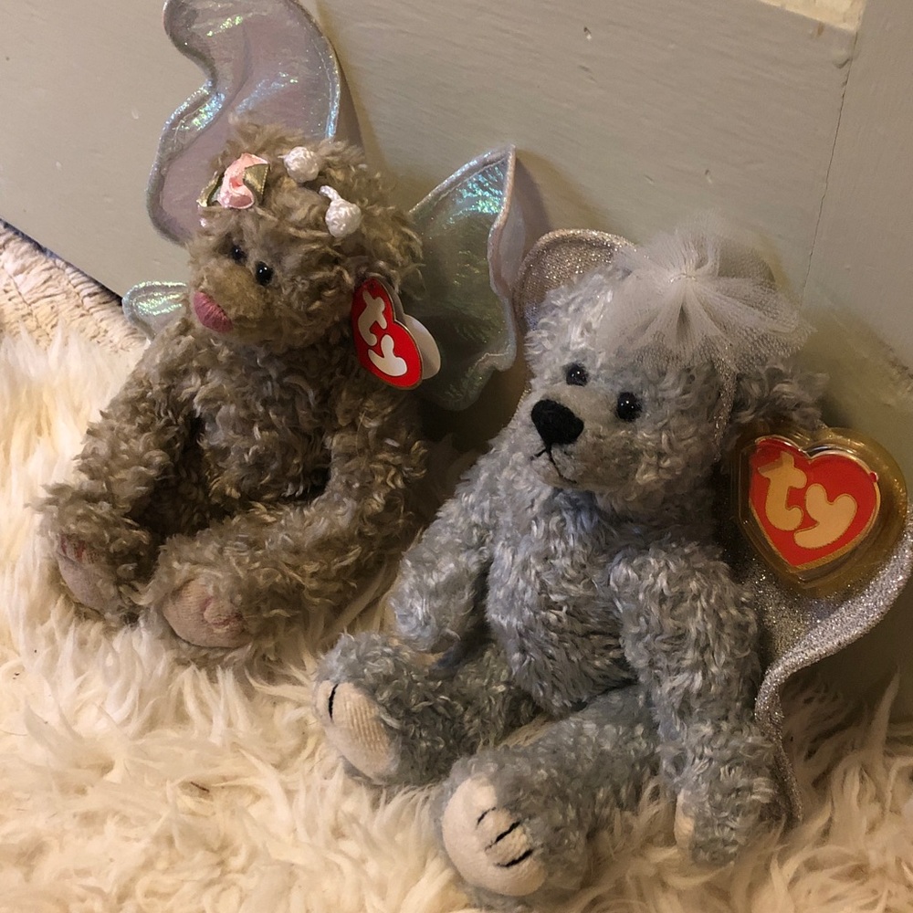Ty Angel Bear Plush Duo - Gray and Taupe with Iridescent Wings